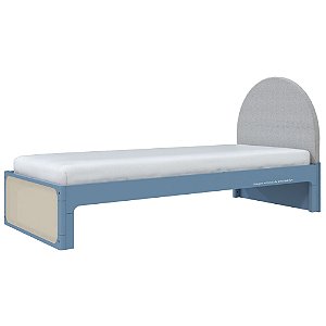 Cama Skandi Com Cabeceira Estofada - Sarja Cinza / Azul Sereno
