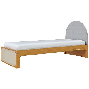 Cama Skandi Com Cabeceira Estofada - Sarja Cinza / Madeira