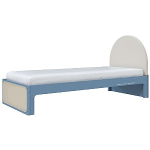 Cama Skandi Com Cabeceira Estofada - Veludo Bege / Azul Sereno