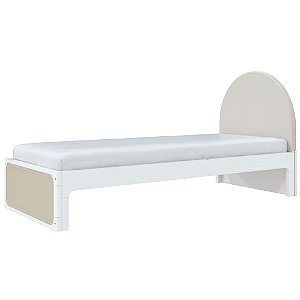 Cama Skandi Com Cabeceira Estofada - Veludo Bege / Branco