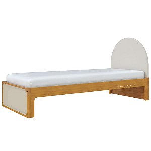 Cama Skandi Com Cabeceira Estofada - Veludo Bege / Madeira