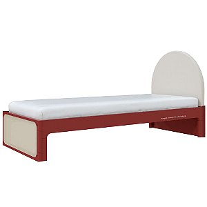 Cama Skandi Com Cabeceira Estofada - Veludo Bege / Páprica