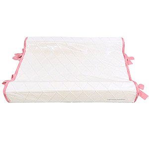 Trocador Anatômico - Tricot Branco / Trama Losango - Com Bordinhas E Laço Em Rosa Gerbera