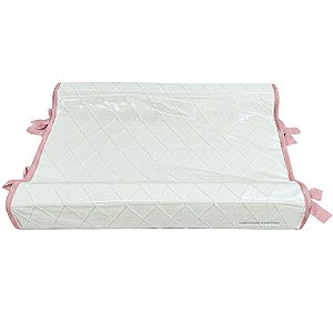Trocador Anatômico - Tricot Branco / Trama Losango - Com Bordinhas E Laço Em Rosa Amarilina