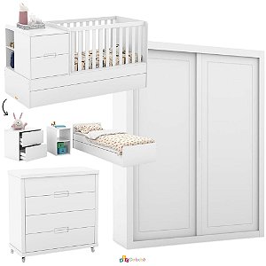 Quarto Completo - Berço Formare + Gaveteiro Tutto + Roupeiro 2 Portas de Correr Tutto - Branco Soft