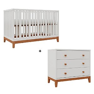 Conjunto Berço + Cômoda Fio Plus - Branco / Pés Madeira