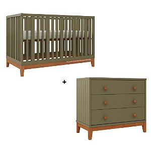 Conjunto Berço + Cômoda Fio Plus - Verde Cacto / Pés Madeira