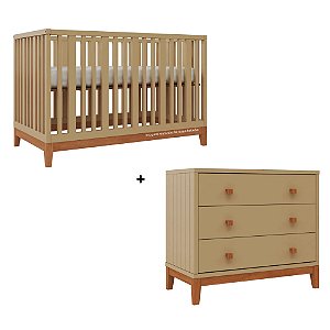 Conjunto Berço + Cômoda Fio Plus - Capuccino / Pés Madeira