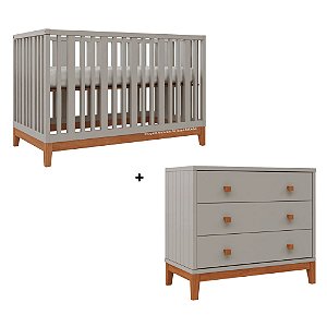 Conjunto Berço + Cômoda Fio Plus - Cinza / Pés Madeira