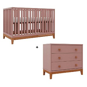 Conjunto Berço + Cômoda Fio Plus - Rose / Pés Madeira