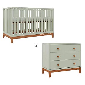Conjunto Berço + Cômoda Fio Plus - Verde Old / Pés Madeira