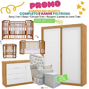Quarto Completo Sleep + Tutto - Berço 3 Em 1 Sleep + Cômoda Com Porta Tutto + Roupeiro 2 Portas De Correr Tutto + Poltrona de Brinde Modelo Sonhos Com Puff Linho Bege