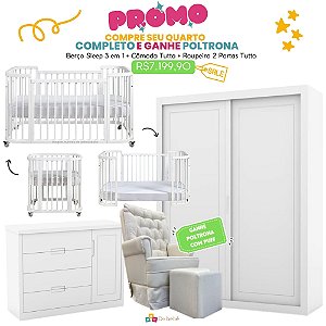 Quarto Completo - Berço 3 Em 1 Sleep Branco + Cômoda Com Porta Tutto Branco + Roupeiro 2 Portas De Correr Tutto Branco + Poltrona de Brinde Modelo Sonhos Com Puff Linho Bege - prontaentrega