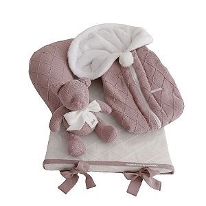 Kit Primeiros Momentos - 4 Peças Em Tricot - Tricot / Trama Losango - Rosa Una