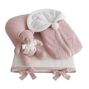 Kit Primeiros Momentos - 4 Peças Em Tricot - Tricot / Trama Losango - Rosa Baby
