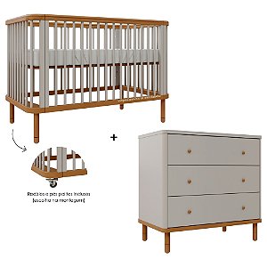 Conjunto Berço + Cômoda Joy - Cinza / Madeira
