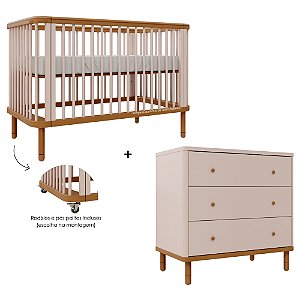 Conjunto Berço + Cômoda Joy - Rosa Old / Madeira