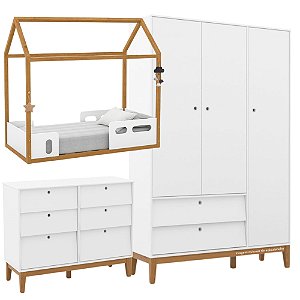 Quarto Completo - Liv + Unique - Mini Cama Montessoriana + Cômoda 6 Gavetas + Roupeiro 3 Portas - Branco soft / Freijó / Eco Wood