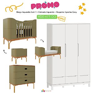 Quarto Completo - Berço 3 Em 1 Aquarela Cacto + Cômoda Aquarela Cacto + Roupeiro 3 Portas Cozy Branco Fosco - prontaentrega