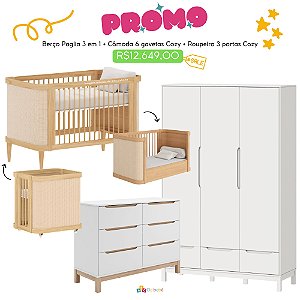 Quarto Completo - Berço 3 em 1 Paglia + Cômoda Cozy + Roupeiro 3 Portas Cozy - Branco / Carvalho - prontaentrega