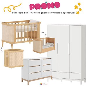 Quarto Completo - Berço 3 em 1 Paglia + Cômoda Cozy + Roupeiro 3 Portas Cozy - Branco / Carvalho - prontaentrega