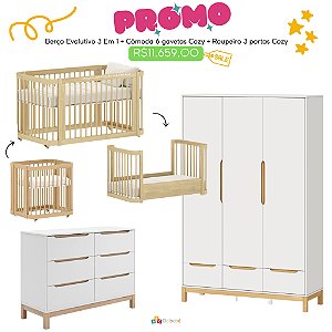 Quarto Completo - Berço Carvalho 3 em 1 + Cômoda 6 Gavetas Cozy + Roupeiro 3 Portas Cozy - Branco com Carvalho - prontaentrega