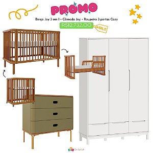 Quarto Completo - Berço Joy 3 Em 1 Madeira + Cômoda Aquarela Cacto + Roupeiro 3 Portas Cozy Branco Fosco - prontaentrega