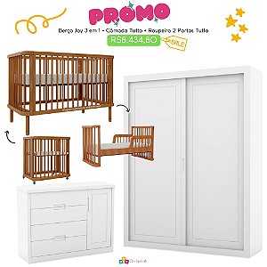 Quarto Completo - Berço Joy 3 Em 1 Madeira + Cômoda Tutto Branco Soft + Roupeiro Tutto 2 Portas Branco Fosco - prontaentrega