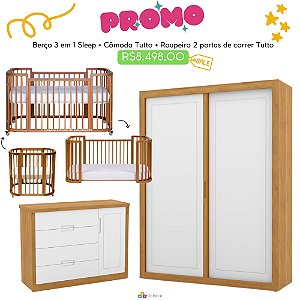 Quarto Completo Sleep + Tutto - Berço 3 Em 1 Sleep + Cômoda Com Porta Tutto + Roupeiro 2 Portas De Correr Tutto - prontaentrega