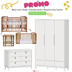 Quarto Completo - Berço Sleep 3 Em 1 Madeira + Cômoda Cromo Branco Fosco + Roupeiro 3 Portas Cozy Branco Fosco - prontaentrega
