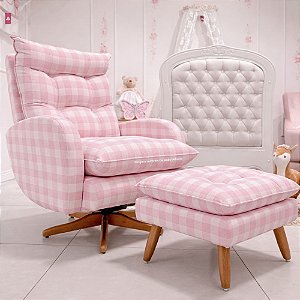 Poltrona De Amamentação Clarisse - Com Balanço e Giro - Com Puff Pé Palito - Xadrez