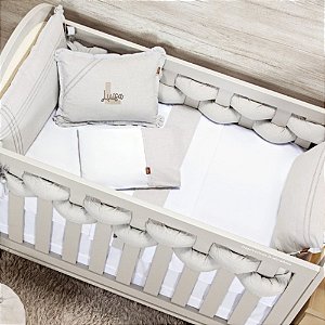 Kit Berço Linho Slim Trançável - 10 Peças - Bege Mescla - Personalizado
