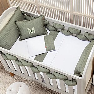 Kit Berço Linho Slim Trançável - 10 Peças - Verde Musgo - Personalizado