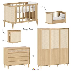 Quarto Completo Paglia - Berço 3 Em 1 + Cômoda + Roupeiro 3 Portas - Carvalho Malva