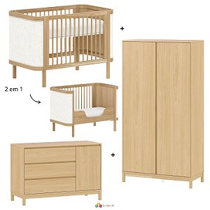 Quarto Completo Soley - Berço 2 Em 1 + Cômoda Com Porta + Guarda-Roupa 2 Portas - Carvalho Malva