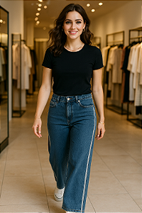 Calça Jeans Wide Leg com Faixa Lateral