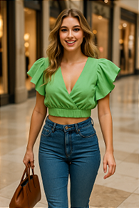 Cropped Verde com Mangas Bufantes