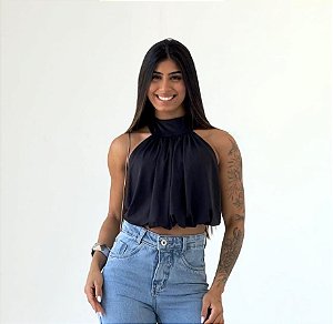 Cropped Babados de Gola Alta Preto