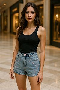 Shorts Jeans Bordado de Flores