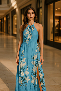 Vestido Longo Floral Azul