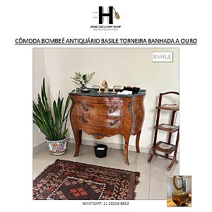 CÔMODA ANTIGA BOMBE COM MÁRMORE VERDE RAJADO COM PIA E TORNEIRA IMPORTADA BANHADA A OURO