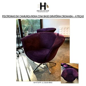 POLTRONA EM CAMURÇA ROXA COM BASE GIRATÓRIA CROMADA – 4 PEÇAS