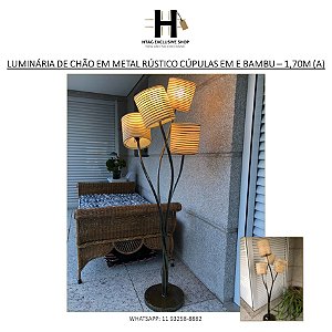 LUMINÁRIA DE CHÃO EM METAL RÚSTICO CÚPULAS EM RESINA E BAMBU – 1,70M (A)