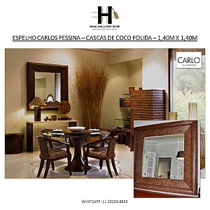 ESPELHO CARLOS PESSINA NA INDONÉSIA “MADURA MIRROR” COM MOLDURA EM CASCAS DE COCO POLIDAS – 1,40M X 1,40M