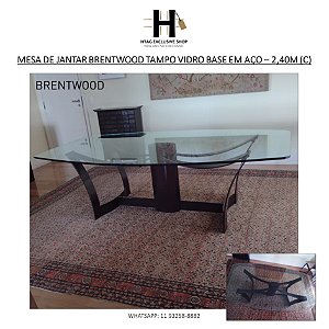 MESA DE JANTAR BRENTWOOD TAMPO VIDRO BASE EM AÇO REVESTIDO EM MADEIRA – 2,40M (C)