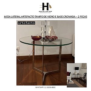 MESA REDONDA LATERAL ARTEFACTO TAMPO DE VIDRO E BASE EM METAL CROMADO – 2 UN.