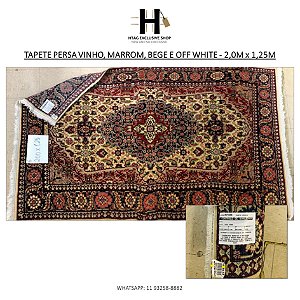 TAPETE PERSA MOTIVO FLORAL VINHO, MARROM, BEGE E OFF WHITE - 2,0M x 1,25M