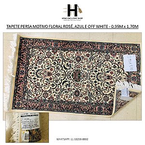 TAPETE PERSA MOTIVO FLORAL ROSÉ, AZUL E OFF WHITE - 0,95M x 1,70M