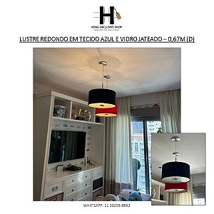 LUSTRE REDONDO EM TECIDO AZUL  E VIDRO JATEADO – 0,67M (D)