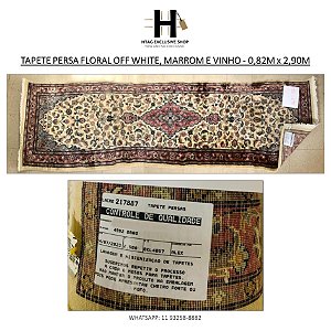 TAPETE PERSA FLORAL OFF WHITE, MARROM E VINHO - 0,82M x 2,90M